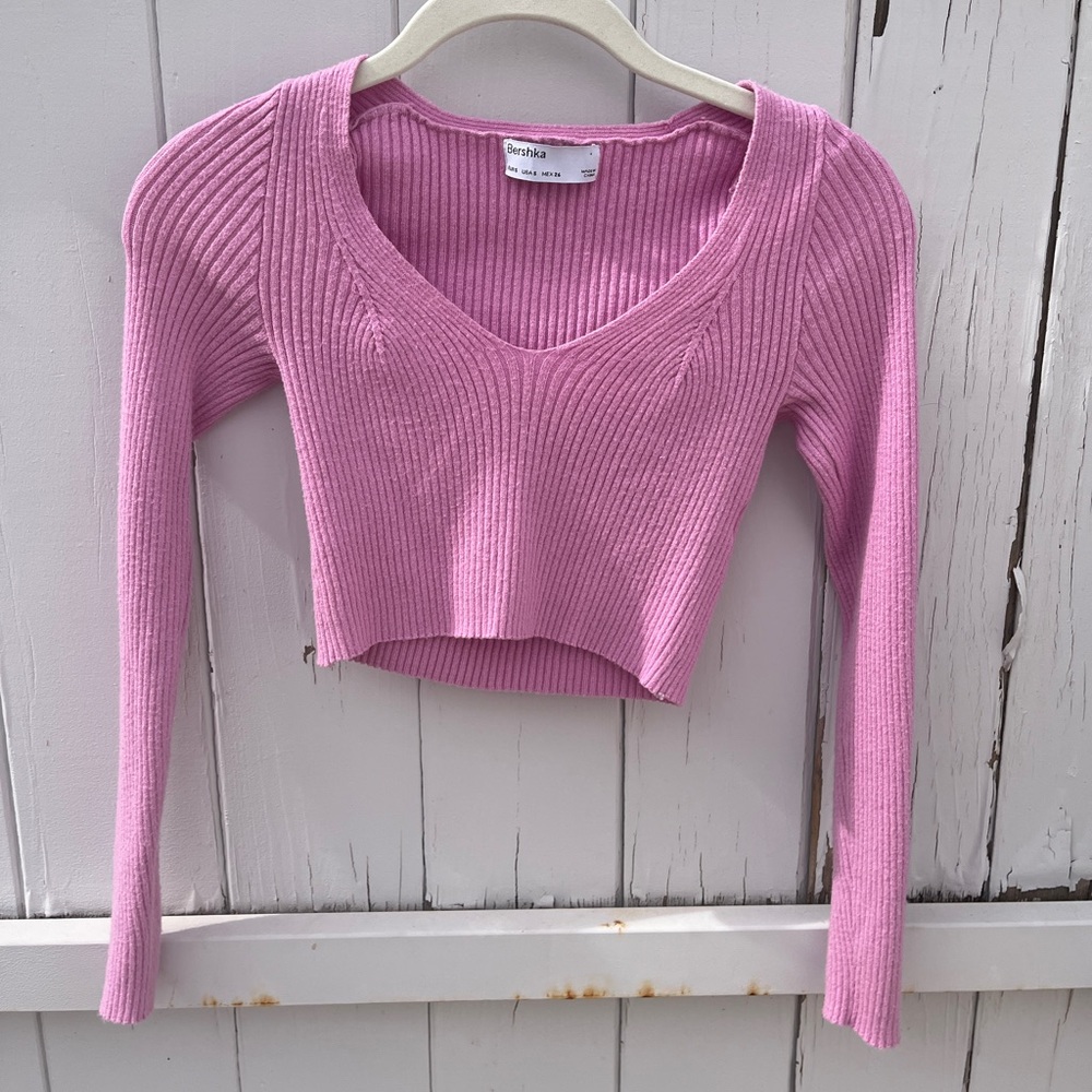 Pink crop top knit Bershka Longsleeve Comfortable tight fit Size S